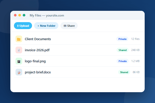 Front-end file manager — uploads, private folders, and secure sharing