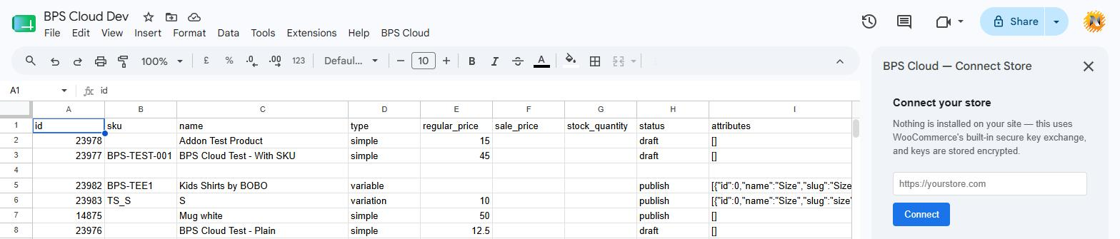 BPS Cloud Connect Store sidebar in Google Sheets asking for a WooCommerce store URL