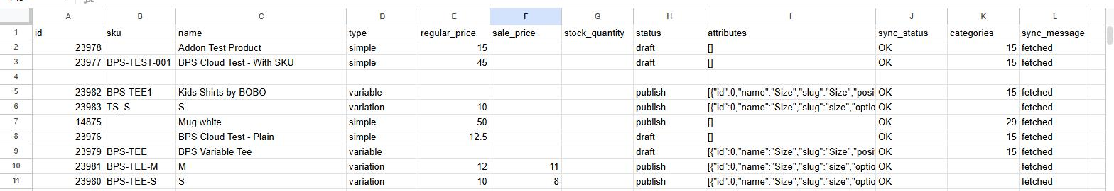 Google Sheet products tab with sync_status and sync_message columns showing a real result for every product row