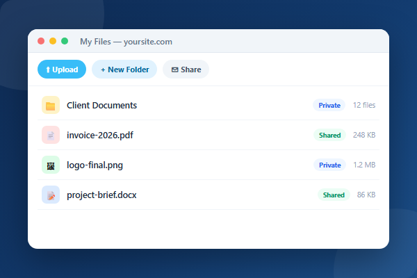 Front-end file manager interface with uploads, private folders, and share controls